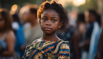 africano bambino sorridente, guardare a telecamera, circondato di allegro amici generato di ai foto