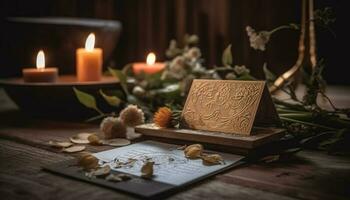 di legno tavolo con candele e romantico decorazione scena generato di ai foto