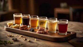 fresco birra e grigliato Maiale su rustico tavolo a fabbrica di birra generato di ai foto