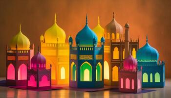 Ramadan celebrazione si illumina famoso minareto nel moderno città orizzonte silhouette generato di ai foto
