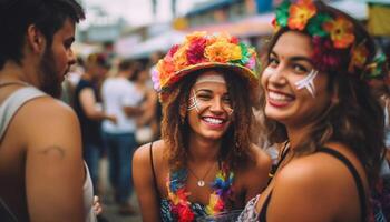 giovane adulti godendo brasiliano musica Festival, sorridente e danza spensierato generato di ai foto