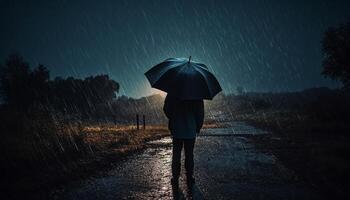 uno persona a piedi nel il piovere, riparo sotto ombrello generato di ai foto