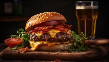 grigliato hamburger al formaggio con pomodoro, cipolla, e francese patatine fritte per pranzo generato di ai foto