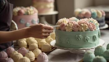 fatti in casa buongustaio cupcakes con rosa glassatura e Multi colorato decorazioni generato di ai foto