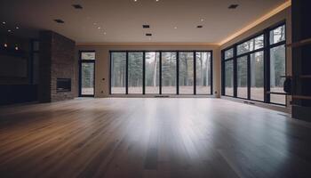 moderno appartamento con legno duro pavimentazione, luminosa illuminazione, e elegante arredamento generato di ai foto