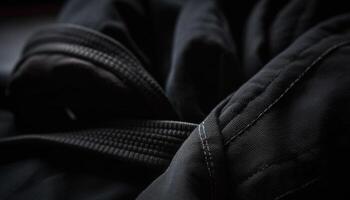 lusso nero pelle giacca con a strisce modello generativo ai foto