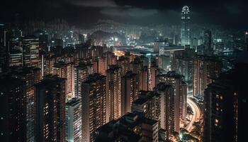 raggiante grattacieli illuminare il moderno città orizzonte generativo ai foto
