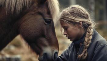 carino biondo ragazza bonding con pony all'aperto generativo ai foto