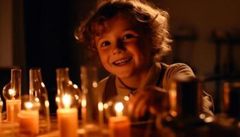 sorridente ragazza Tenere candela, godendo infanzia gioia generativo ai foto