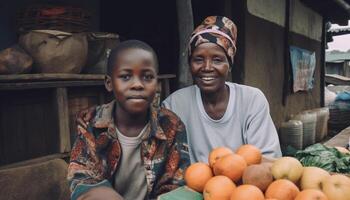 sorridente famiglia seduta all'aperto, Tenere frutta a tavolo generativo ai foto