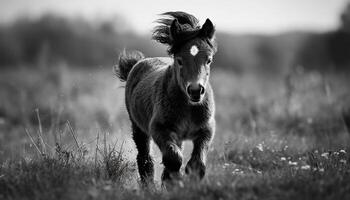 carino puledro pascolo nel lussureggiante verde prato generativo ai foto