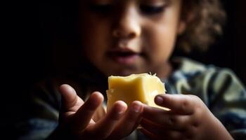 carino caucasico ragazzo Tenere fresco fetta di formaggio generativo ai foto