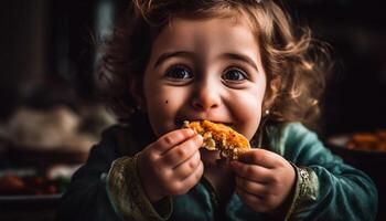 carino caucasico ragazza sorridente mentre mangiare cioccolato biscotto generato di ai foto