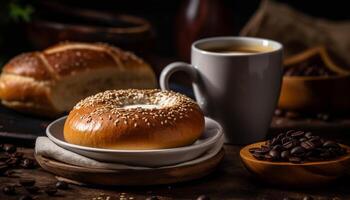 appena al forno pane e bagel su tavolo generato di ai foto