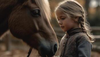 biondo ragazza sorridente, accarezzando affettuoso cavallo all'aperto generato di ai foto