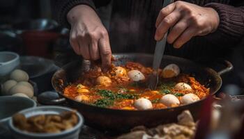 fatti in casa vegetariano pasto, fresco ingredienti, rustico cucina generato di ai foto