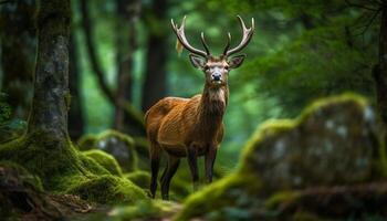 cornuto cervo in piedi nel lussureggiante verde foresta generato di ai foto