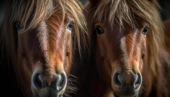 bellissimo cavalla pascolo nel lussureggiante verde prato generato di ai foto