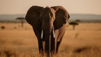 africano elefante pascolo nel tranquillo savana tramonto generato di ai foto