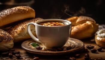 appena al forno brioche e nero caffè ancora vita generato di ai foto