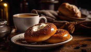 appena al forno bagel e caffè per brunch generato di ai foto