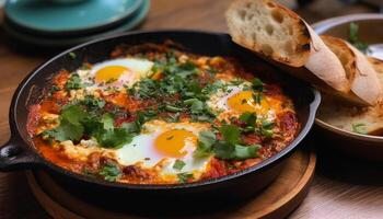 appena cucinato Shakshuka su rustico di legno tavolo generato di ai foto