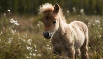 carino puledro pascolo nel verde prato all'aperto generato di ai foto