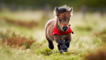 carino cucciolo in esecuzione attraverso verde prato, felicità abbondare generato di ai foto