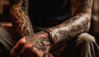 tatuato uomo seduta, Tenere modello con fiducia generato di ai foto