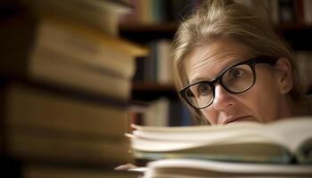 caucasico alunno studiando letteratura nel biblioteca libreria generato di ai foto