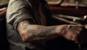 fiducioso uomo con tatuaggio Lavorando su moda design generato di ai foto