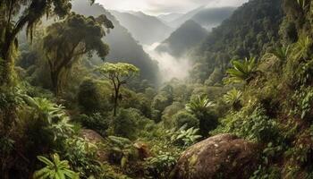 verde le foglie su ramo nel nebbioso foresta generato di ai foto