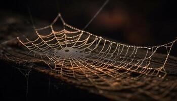 ragno ragnatela luccica con rugiada nel autunno foresta generato di ai foto