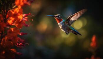 colibrì librarsi medio aria, impollinazione vivace giallo fiorire generato di ai foto