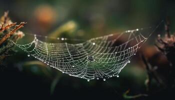 ragno ragnatela luccica con rugiada nel autunno foresta generato di ai foto