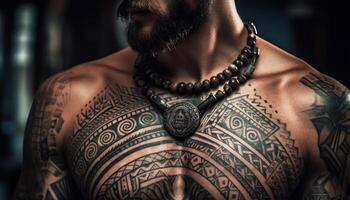 tatuato uomo trasuda fiducia e spiritualità generato di ai foto