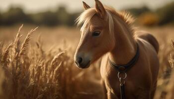 carino cavallo pascolo nel prato a tramonto generato di ai foto