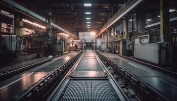 moderno metallo industria officina, illuminato con blu illuminazione generato di ai foto