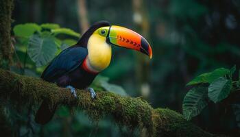 vivace tucano arroccato su ramo nel foresta pluviale generato di ai foto