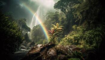 maestoso montagna scogliera, arcobaleno, e verde foresta generato di ai foto