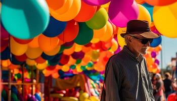 uno uomo Tenere colorato palloncini, sorridente con gioia generato di ai foto