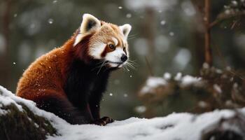 rosso panda seduta su nevoso albero ramo generato di ai foto