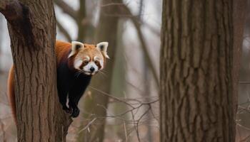 carino rosso panda seduta su albero ramo generato di ai foto