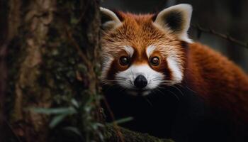 soffice rosso panda seduta su albero ramo generato di ai foto