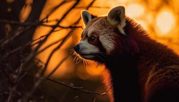 soffice rosso panda seduta su albero ramo generato di ai foto