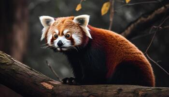 rosso panda seduta su albero ramo, guardare carino generato di ai foto