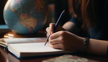 caucasico scolara studiando mondo carta geografica con concentrazione generato di ai foto