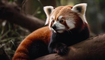 rosso panda seduta su bambù, fissando avanti generato di ai foto