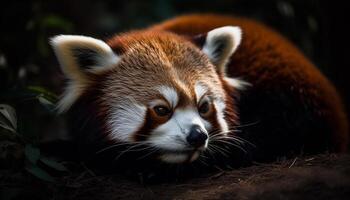 soffice rosso panda fissando a telecamera all'aperto generato di ai foto