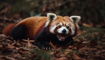 soffice rosso panda seduta nel autunno foresta generato di ai foto